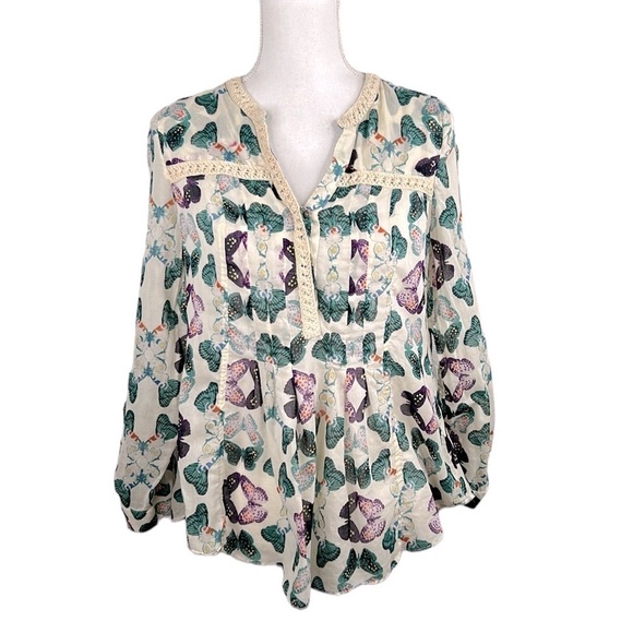 Maeve Anthropologie Butterfly Print Boho Long Sleeve Top Size 0 - Picture 1 of 8